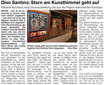 Ausstellung von Divo Santino im Autohaus Butz & Mühlbach in Mayen mit Pop-Art-Werken.