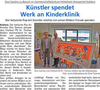 Künstler Divo Santino übergibt sein zwei Meter großes Pop-Art-Werk Abendmahl an Chefarzt Dr. Thomas Nüßlein im Kemperhof Koblenz