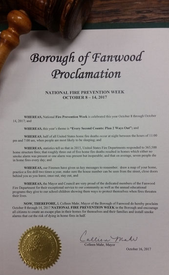 The Proclamation issued by Fanwood Mayor Mahr for Fire Prevention Week