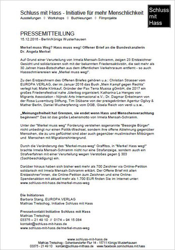 Pressemitteilung 15.12.2016 - Berlin/Königs Wusterhausen - Merkel muss Weg? Hass muss weg! Offener Brief an die Bundeskanzlerin  Dr. Angela Merkel