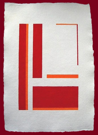 Minimalistische, abstrakte Farbfeldmalerei auf Büttenkarton in Rot und Orange.