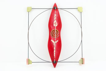 "DIRECTLY PROPORTIONAL" 2021 (Tjurunga series- brooch) aluminium, steel, cooper, brass, suede, cotton thread 8,5 x 9,5 x 2 cm. 12 gr.
