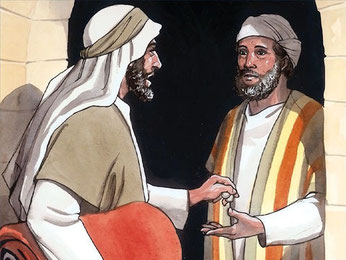 Le bon Samaritain de la célèbre parabole de Jésus donne de l'argent à l'aubergiste pour qu'il s'occupe de l'homme agressé et laissé pour mort