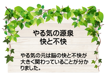 説明画像　やる気の源泉が脳の快と不快が大きく関わっていることを発見した。