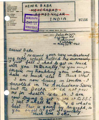 1942 letter from Delia to Baba in India.  Note the address on the letter.