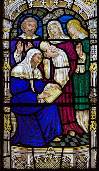 Geburt von Johannes dem Täufer, dargestellt auf einem Fenster der St. George-Kirche in Jerusalem