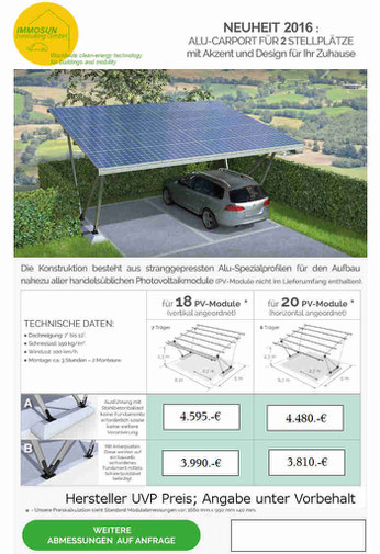  Carport für zwei Autos mit der Option Ladestation für Elektro Autos. Besonderheit mit Stahlbeton - Fuß Vorteil kein extra Fundament oder Bauseitigen Fundament.  Hersteller Bildquelle Firma  IMMOSUNconsulting GmbHWorldwide Clean-Energy technology Carpot