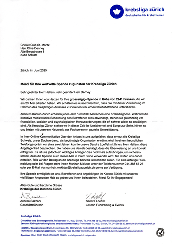 Letter of appreciation from Krebsliga Schweiz (June 2025)