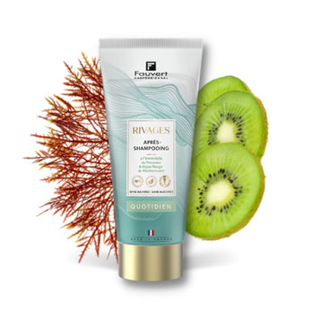 Soin après-shampooing Quotidien de la gamme Rivages de Fauvert Professionnel accompagné de deux ingrédients principaux naturels pour illustrer la naturalité des produits de soins capillaires Rivages.