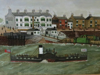 Pier head art, Seacombe, Merseyside, iron paddle steamer naive oil painting