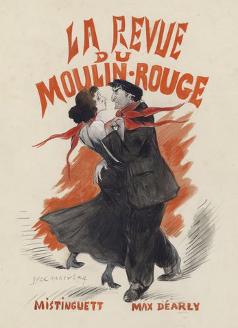 Mistinguett et Max Dearly dansant la valse chaloupée dans "La revue du Moulin" de Victor de Cottens et Lucien Boyer, dessin de Yves Marevéry, 1908 (coll. BnF)
