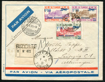 7.1.1931 Bizerte, R-Beleg mit Flugpostfrankatur Tunis-Marseille-Genf mit AU, in Genf Umlad (9.1.31) auf die DLH-Linie Genf-Stuttgart und weiter bis Leipzig. Schweizer Transitbeleg.