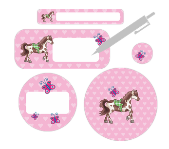 Blanko Schulstarter-Set mit geschecktem Pony & Schmetterlingen auf rosa Herzchen Grund, 90 Namensaufkleber zum Selbstbeschriften.