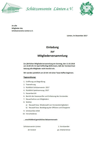 Mitgliederversammlung Schützenverein Lünten 2015