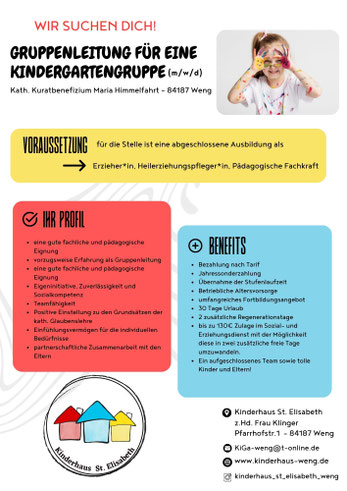 Stellenanzeige Kinderhaus St. Elisabeth Weng