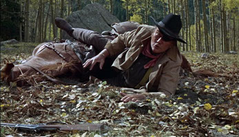 When John Wayne gets his horse shot from under him in "True Grit", he lands in front of this large boulder on Deb's Meadow. 