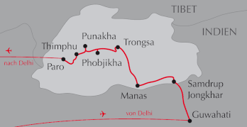 Landkarte Reise von Ostbhutan nach Westbhutan - Manas Nationalpark - Trongsa - Paro