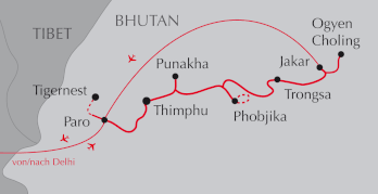 Landkarte Reise durch Bhutan - Paro - Thimphu - Phobjikha - Bumthang
