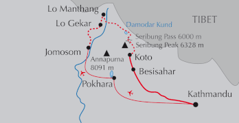 Landkarte Trekkingroute Seribung Pass und Seribung Peak in Nepal
