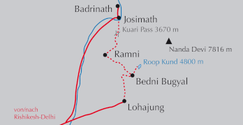 Landkarte Trekking-Reise in Garhwal über den Kuari Pass zum Nanda Devi