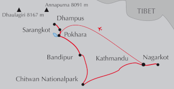 Landkarte Nepal-Rundreise von Kathmandu nach Pokhara und in den Chitwan Nationalpark