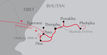 Landkarte Kultur- und Wanderreise Zauberhaftes Bhutan