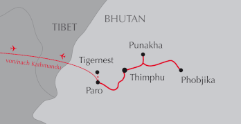 Landkarte Reise durch Bhutan - Paro - Thimphu - Phobjikha - Punakha