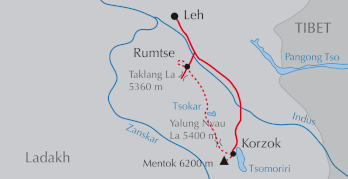 Landkarte Trekking-Reise Sieben Pässe zum Tsomoriri in Ladakh mit optionaler Besteigung Mentok (6250 m)