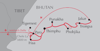 Landkarte Reise durch Bhutan - Paro - Thimphu - Phobjikha - Bumthang - Haa