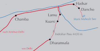 Landkarte Rundreise nach Himachal und Trekking über den Indrahar Pass