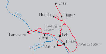 Landkarte Reise Ladakh Khardung La ins Nubra-Tal