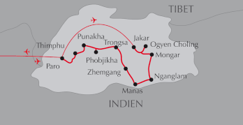 Landkarte Reise unbekannter Süden Bhutans - Manas Nationalpark - Mongar - Trongsa - Paro