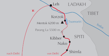 Landkarte Reise von Shimla nach Kinnaur und Spiti und Trekking über den Parang La zum Tsomoriri in Ladakh Besteigung Mentok