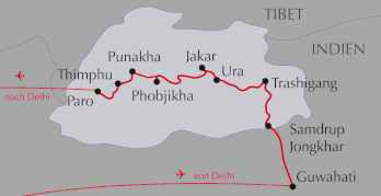 Landkarte Reise Quer durch Bhutan