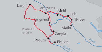 Landkarte Reise Kultur und Wandern in Ladakh mit Hanle an der tibetischen Grenze