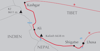 Landkarte Reise von Lhasa zum Kailash und weiter nach Kashgar im Westen Tibets.