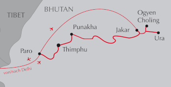 Landkarte Reise durch Bhutan - Paro - Thimphu - Phobjikha - Bumthang