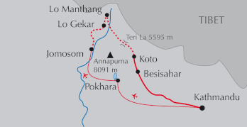 Landkarte Trekkingreise von Mustang über den Teri La in Nepal
