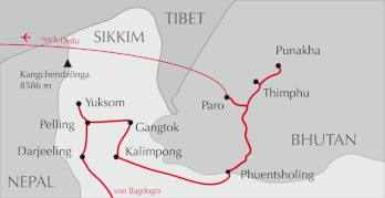 Landkarte Rundreise Darjeeling - Sikkim - Bhutanm