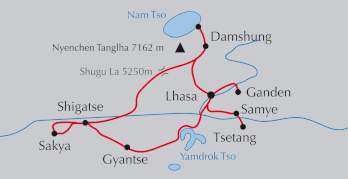 Landkarte Reise Höhepunkte Tibets mit Lhasa, Potala, Ganden, Samye, Shigatse