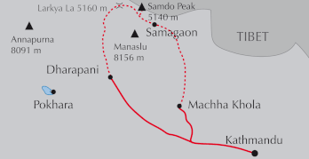 Landkarte Trekking um den Manaslu in Nepal
