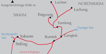 Landkarte Rundreise in den Norden von Sikkim
