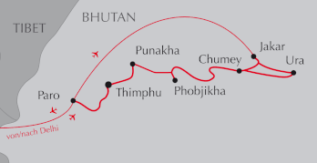 Landkarte Reise durch Bhutan - Paro - Thimphu - Phobjikha - Bumthang