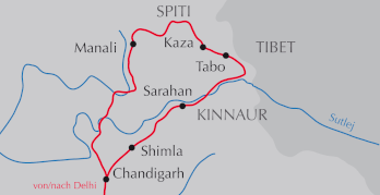 Landkarte Rundreise durch Kinnaur und Spiti im indischen Himalaya