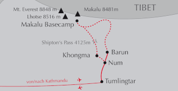 Landkarte Trekking ins Basecamp des Makalu in Nepal