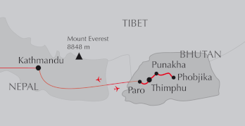 Landkarte Reise durch Bhutan - Paro - Thimphu - Phobjikha - Bumthang