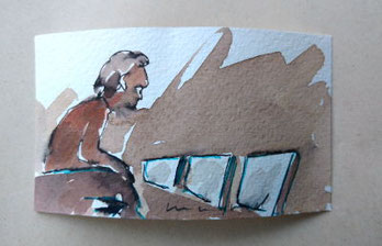 andere arbeiten lassen, aquarell, figur sieht in monitore