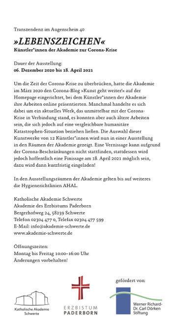 «LEBENSZEICHEN» Künstler*innen der Akademie Schwerte zur Corona-Krise, Online-Ausstellung »LEBENSZEICHEN« (PDF)