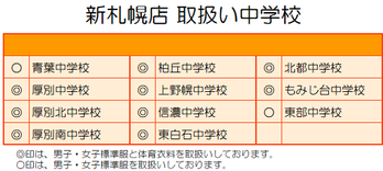 学生服のタナカ 新札幌店 取扱い中学校