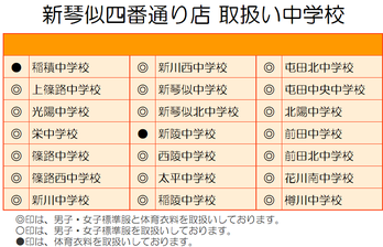 学生服のタナカ 新琴似四番通り店・取扱い中学校
